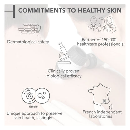 Product packaging with text highlighting commitments to healthy skin, including dermatological safety and clinical proven efficacy.