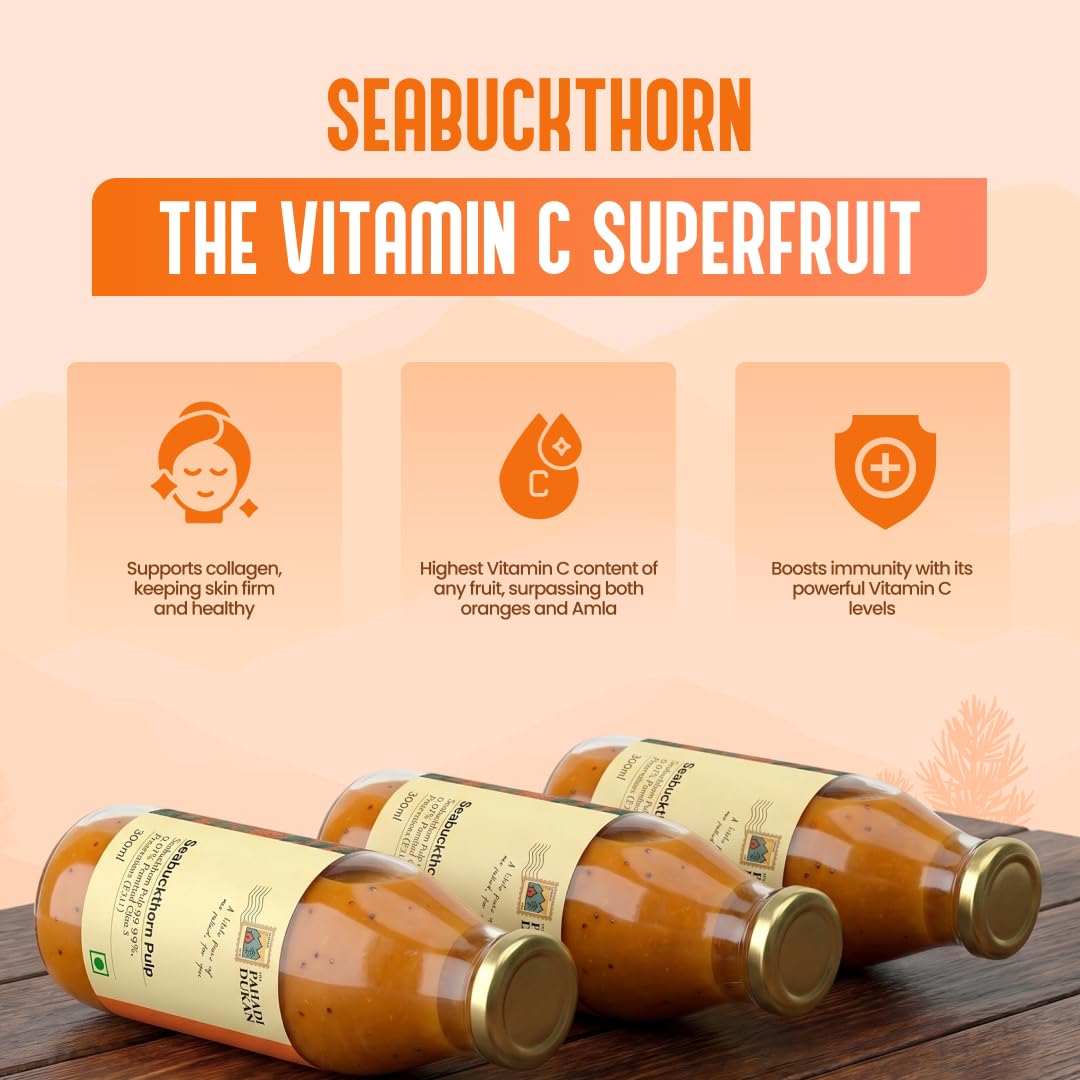 My Pahadi Dukan Himalayan Sea Buckthorn Pulp 300ml, Wild Berries, Rich in Omega 3 6 7 9 & Vitamin C, Herbal Seabuckthorn Juice, Supports Immunity, Skin & Gut Health, Lab Tested, Cold Pressed
