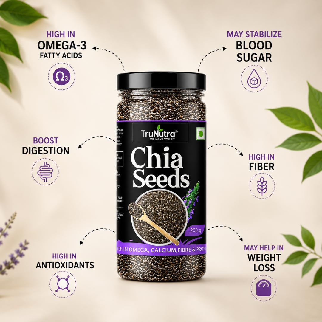 TruNutra Chia Seeds 200g | Omega-3, Fiber & Protein Rich Superfood for Eating | Supports Digestion, Weight Management, Bone Strength & Energy | Vegan | Non-GMO