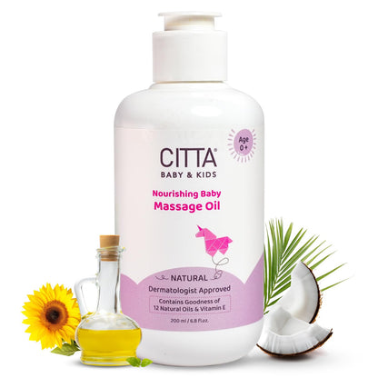 CITTA Baby Oil for Newborn Babies & Kids | Non-Sticky, Fragrance-Free, Easy Spread | Dermatologist Approved Nourishing & Moisturizing Formula for Sensitive Skin | Coconut, Olive & Almond Oils for Gentle Baby Massage | 200ml