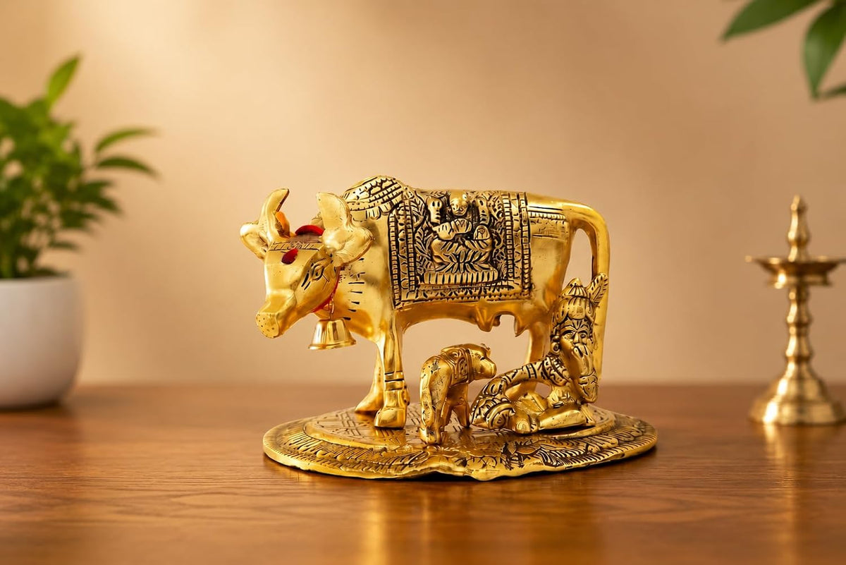 KridayKraft Kamdhenu Cow with Calf & Bal Gopal Krishna Idol, 19 cm Metal Gau MATA Statue for Home Mandir, Pooja Room, Vastu & Religious Gifting, Antique Gold Finish, 910 g