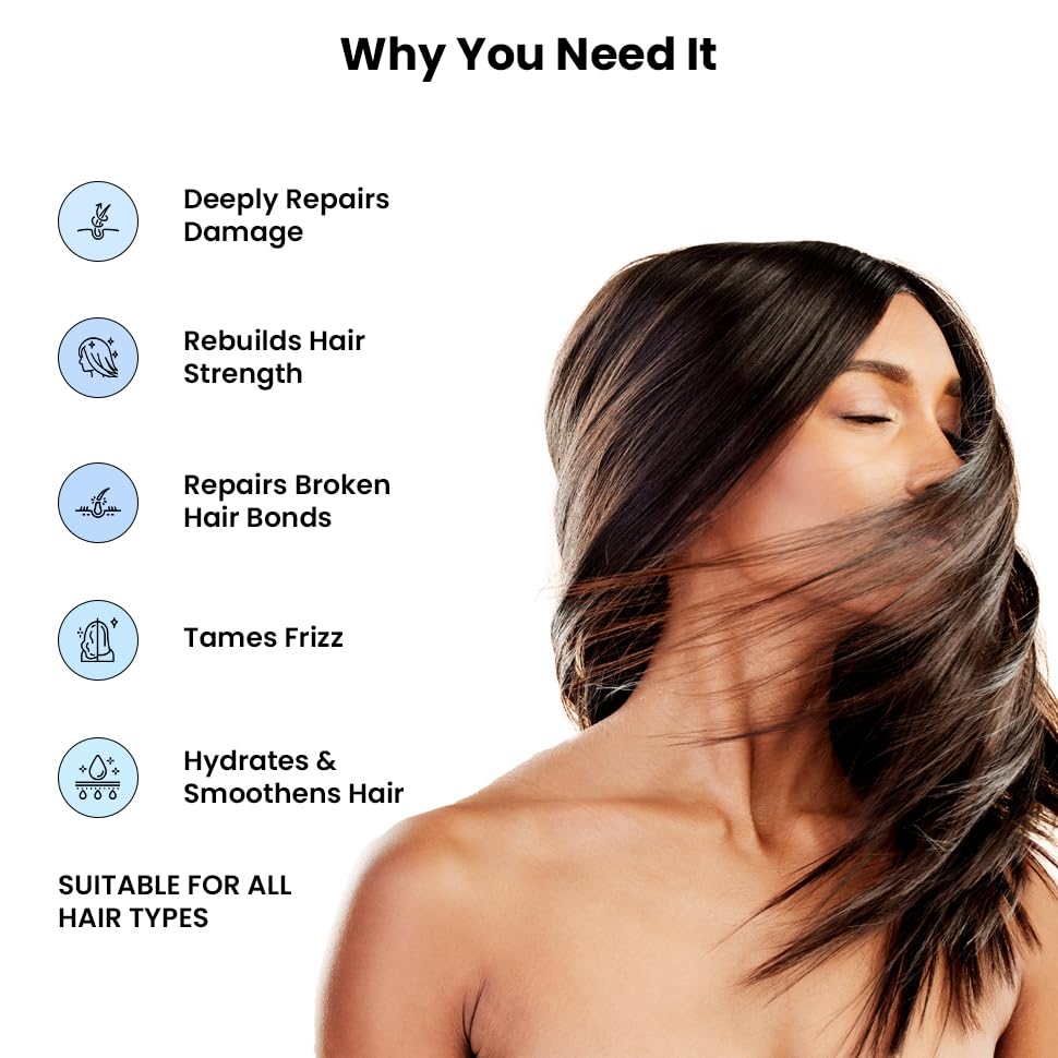 Woman with flowing hair and text listing benefits of hair care product on a white background