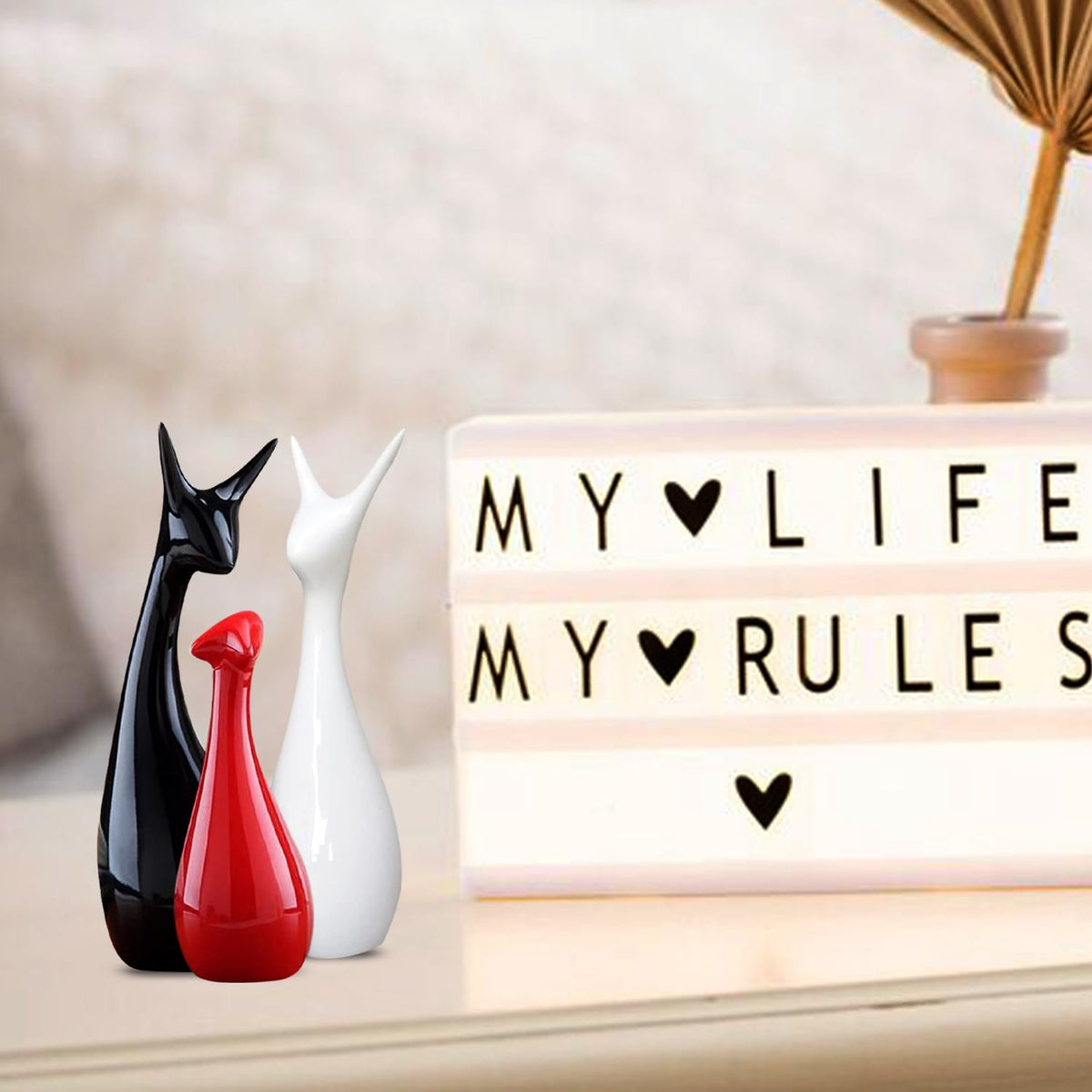 Home Decor Lucky Deer Statue Family Ceramic Figures - (Set of 3, Red,Black & White Color)