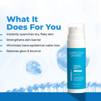 Conscious Chemist serum bottle with text highlighting its benefits on a blue and white background