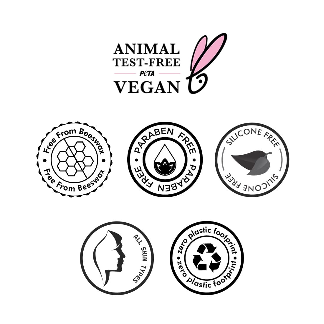 Set of certification logos for animal testing, vegan, paraben-free, silicone-free, zero plastic footprint on a white background.