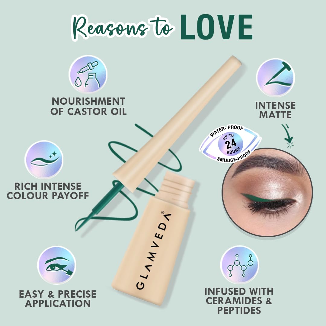 Glamveda Liquid Eye Liner, Green, Long Lasting Matte Waterproof Liner - Smudge Proof, Transfer Proof Eye Makeup, Bold, Clean, Smudge-Free Look 24-Hour Long Stay 4.5 ml