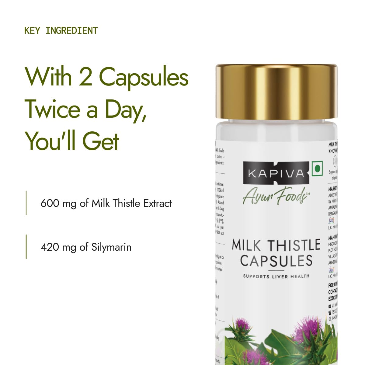 Kapiva Milk Thistle Capsules (120N) | With 70% Silymarin | Supports Liver & Immune System | Vegan, Preservative-Free | Liver Detox Supplement