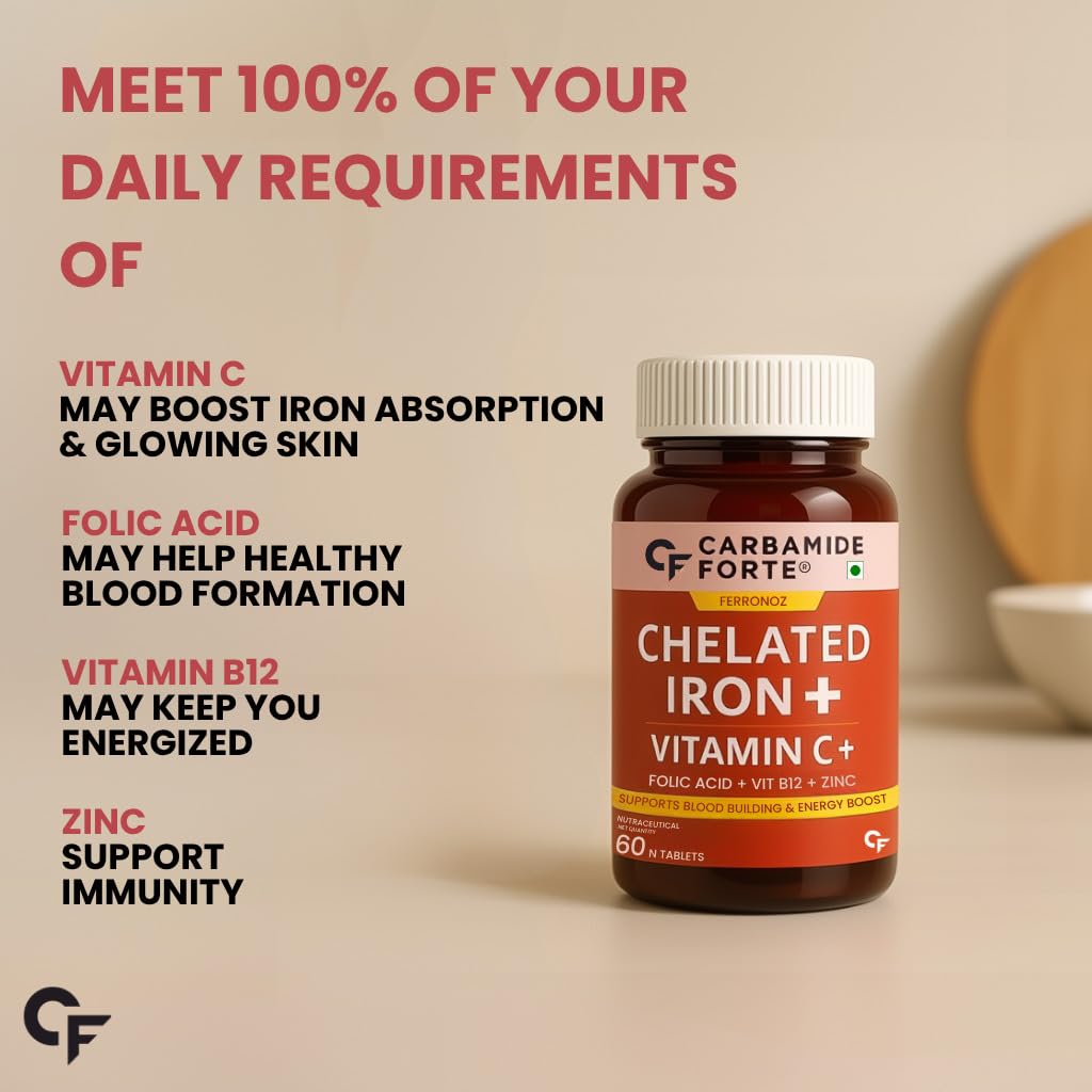 Carbamide Forte Chelated Iron + Vitamin C supplement bottle with text on a beige background
