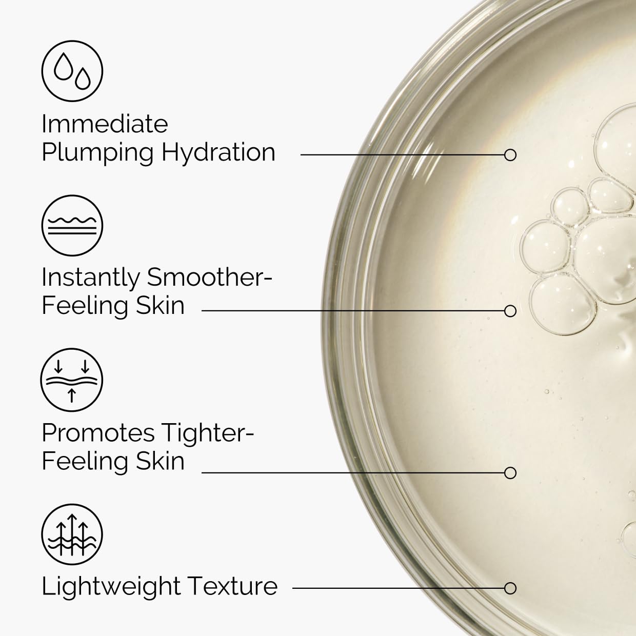 Cosmetic product with text highlighting its benefits on a white background