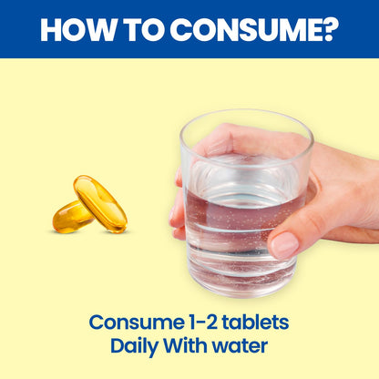 Hand holding a glass of water with two pills on a yellow background, text about consumption instructions.
