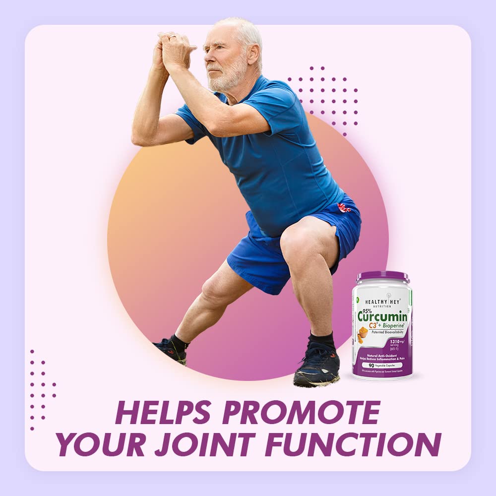 Man exercising with a supplement bottle labeled 'Curcumin' on a gradient background