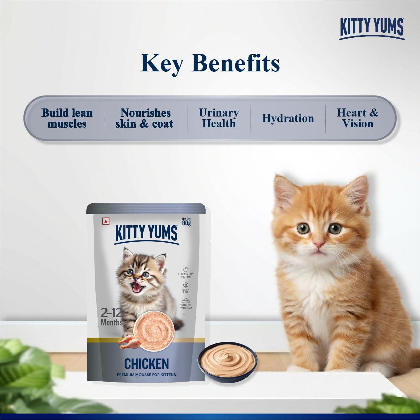 Kitty Yums Kitten Wet Mousse 80g | Chicken | Rich in Protein | Promotes Hydration & Easy to Digest | Grain Free | No Artificial Flavours | Packed with Essential Vitamins & Antioxidants