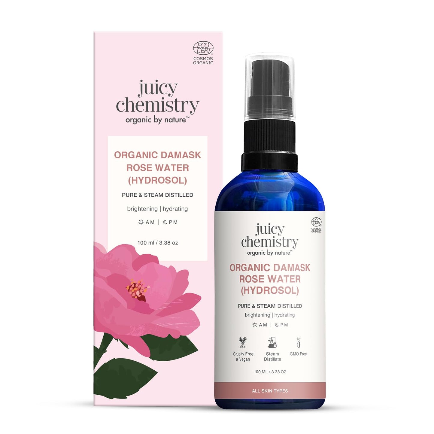 Juicy Chemistry Organic Damask Rose Water (Hydrosol), 100 ml | 100% Pure Steam Distilled | Brightens & Promotes Even Skin Tone | Boosts Skin Hydration | Dermatologically Tested | Clinically Proven