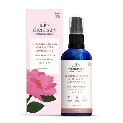 Juicy Chemistry Organic Damask Rose Water (Hydrosol), 100 ml | 100% Pure Steam Distilled | Brightens & Promotes Even Skin Tone | Boosts Skin Hydration | Dermatologically Tested | Clinically Proven