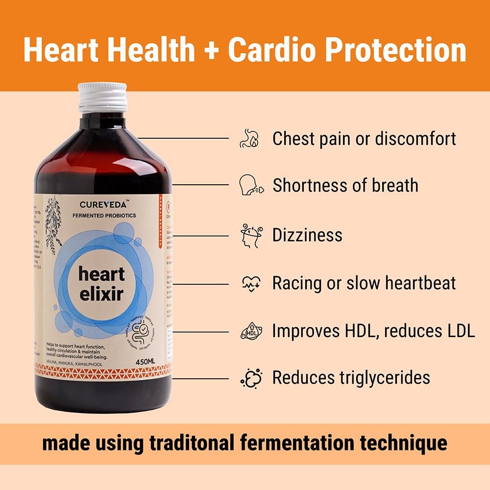 Bottle of Cureyeda Heart Elixir with heart health benefits listed on a peach background