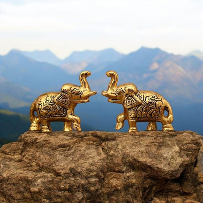 Oxidised Metal Miniature Elephant Pair Decorative Showpiece | Elephant Trunk Up Idol for Living Room Temple Office Table | Vastu Feng Shui Home Decor | 7.5X2.5X5.5 Cm (Regular Quality)