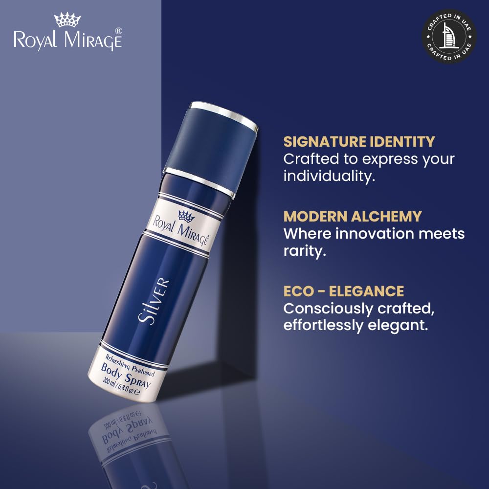 Blue body spray bottle with 'Royal Mirage' branding on a dark blue background