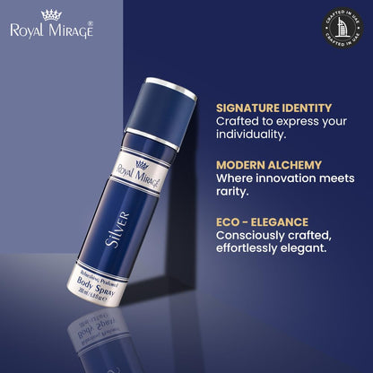 Blue body spray bottle with 'Royal Mirage' branding on a dark blue background