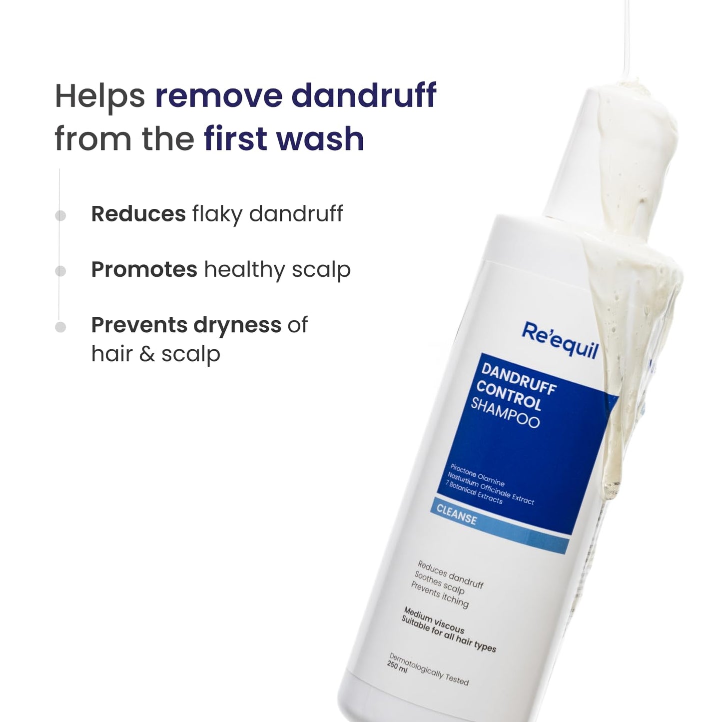 Shampoo bottle labeled 'Re'equil Dandruff Control Shampoo' with text about its benefits on a white background.
