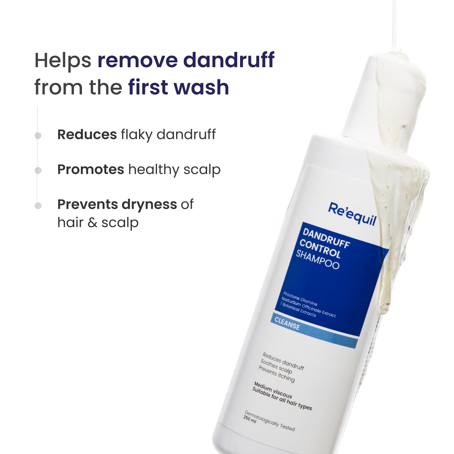 Shampoo bottle labeled 'Re'equil Dandruff Control Shampoo' with text about its benefits on a white background.