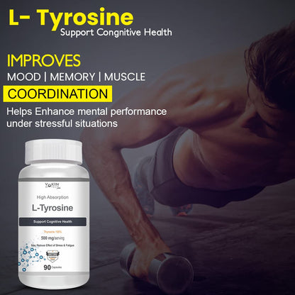 L-Tyrosine supplement bottle with a person lifting weights on a dark background