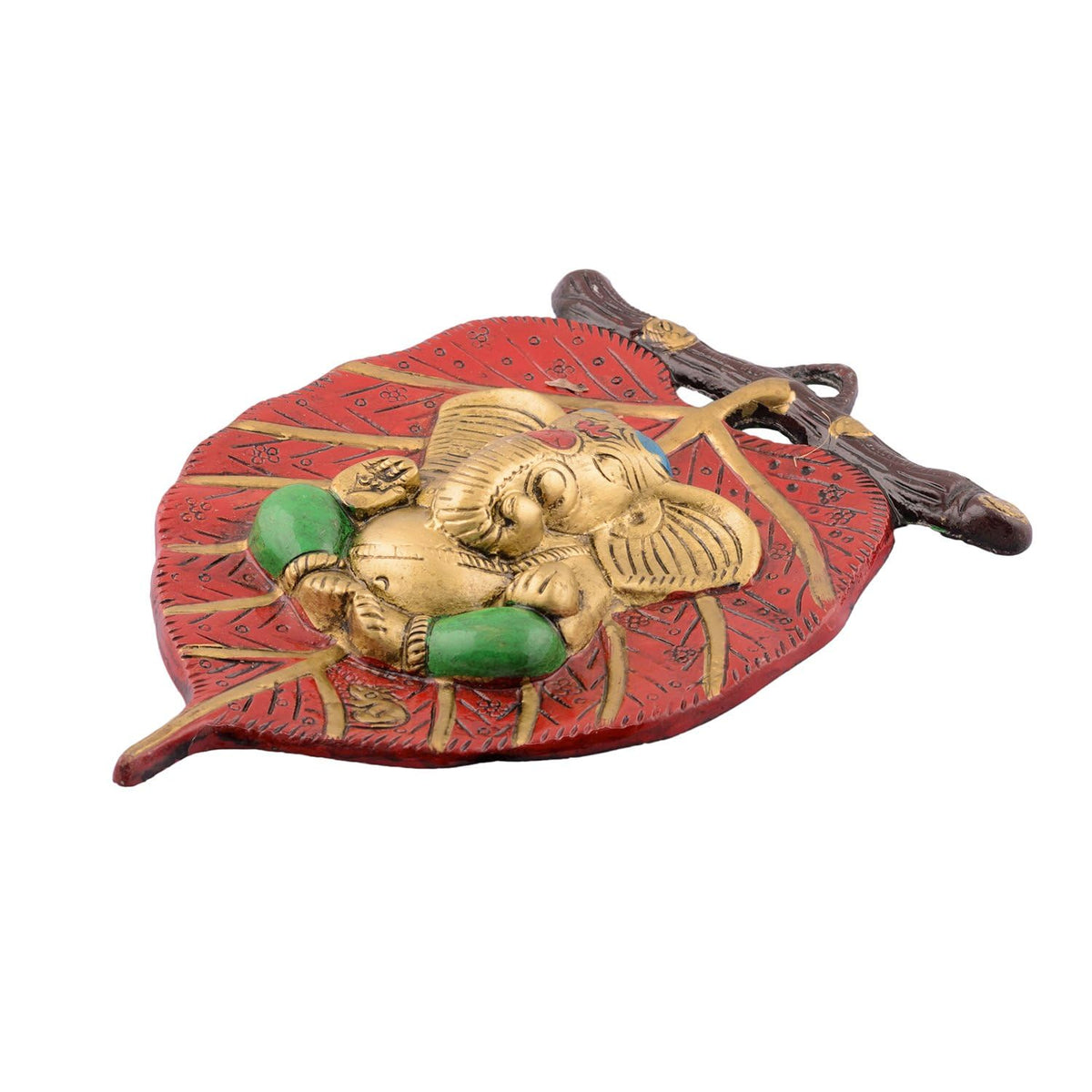 eCraftIndia Lord Ganesha in Green Dhoti on Red Leaf Wall Hanging