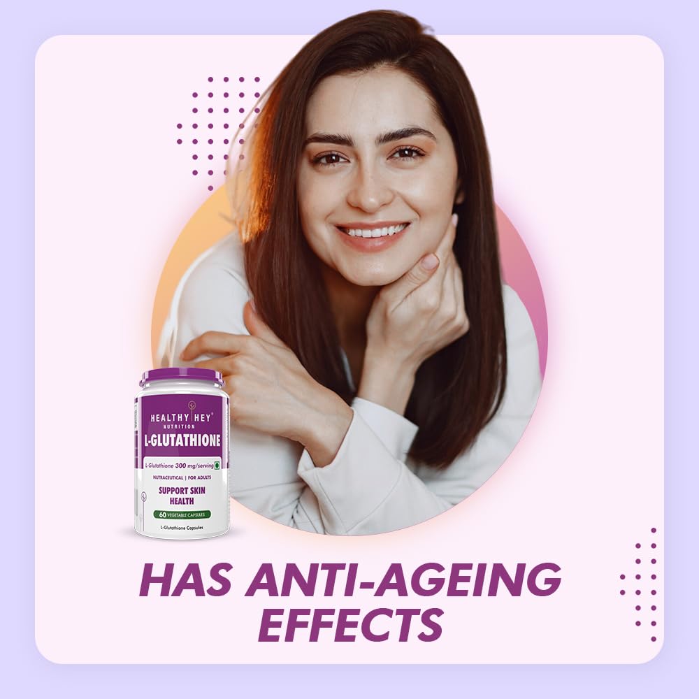 Woman with L-Glutathione supplement and text about anti-ageing effects on a light purple background