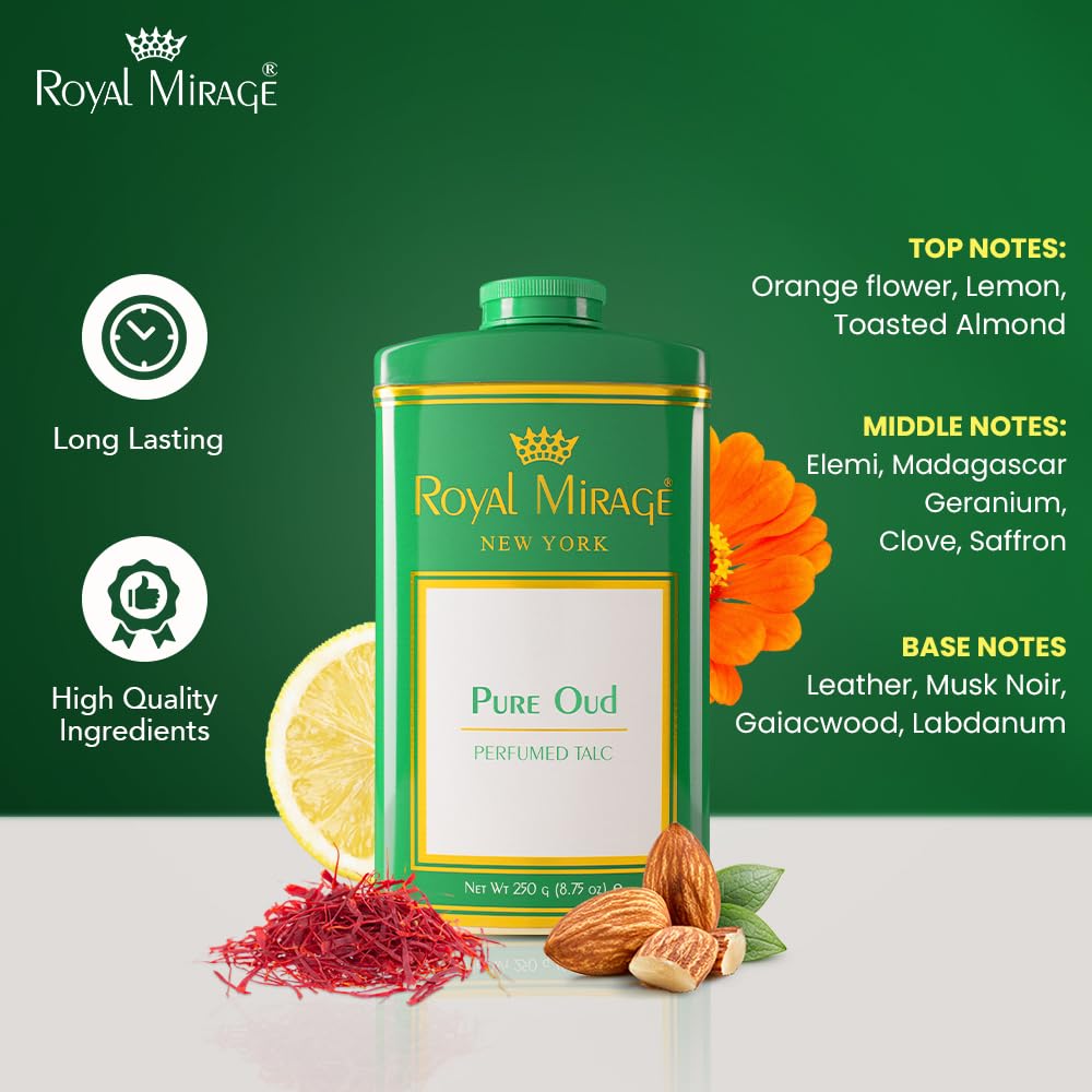 Royal Mirage Pure Oud Talc Powder | Long-Lasting Unisex Fragrance | Oud, Leather & Saffron Notes | Bold & Captivating Luxury Scent | Exotic & Sophisticated Skin Freshness | Gift for Men & Women | 250g