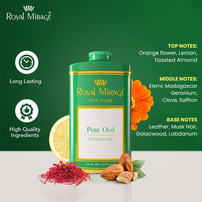 Royal Mirage Pure Oud Talc Powder | Long-Lasting Unisex Fragrance | Oud, Leather & Saffron Notes | Bold & Captivating Luxury Scent | Exotic & Sophisticated Skin Freshness | Gift for Men & Women | 250g