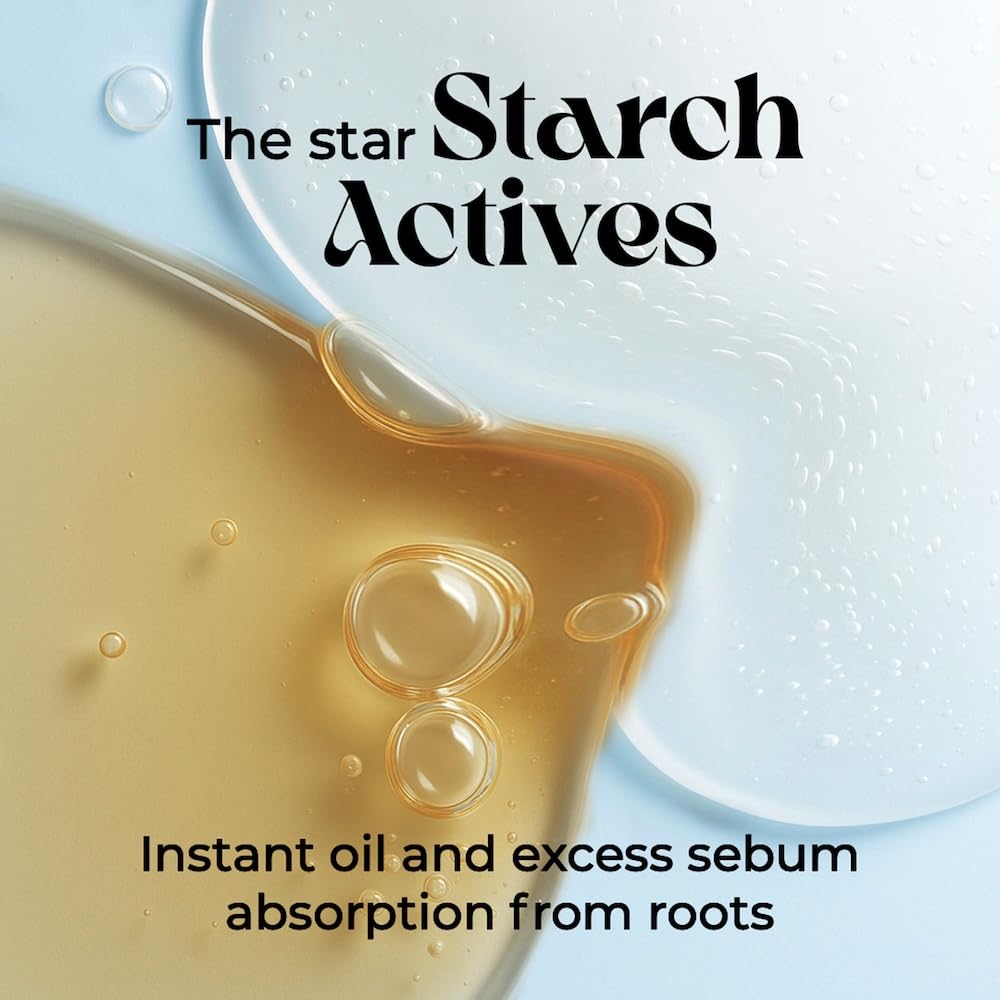 Product with text 'The star Starch Actives' and 'Instant oil and excess sebum absorption from roots' on a light blue background.