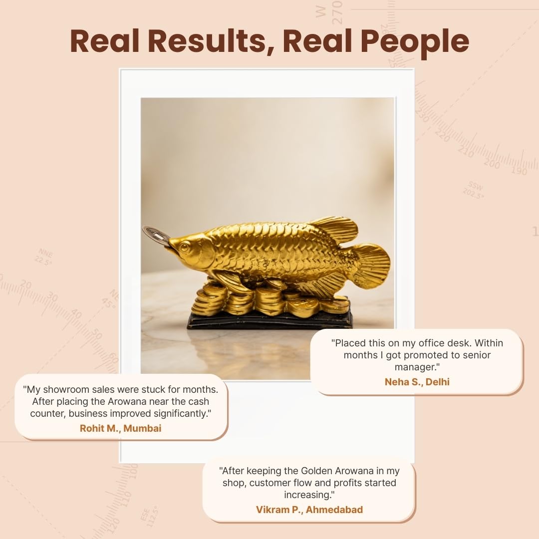Plus Value Feng Shui Golden Arowana Fish Statue Showpiece with Coin in Mouth Wealth Symbol, Protects Mishaps, Troubles Vastu Products Home & Office Decor Decoration Gifting (Fiber)