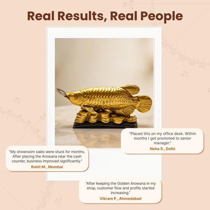 Plus Value Feng Shui Golden Arowana Fish Statue Showpiece with Coin in Mouth Wealth Symbol, Protects Mishaps, Troubles Vastu Products Home & Office Decor Decoration Gifting (Fiber)