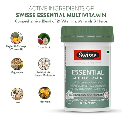Zephivo Swisse Essential Multivitamin For Men & Women, 30 Tablets - Vegan Certified Multivitamin with 100% RDA of Vitamin B, Vitamin E, Biotin & Minerals - Australia's No. 1 Multivitamin Brand