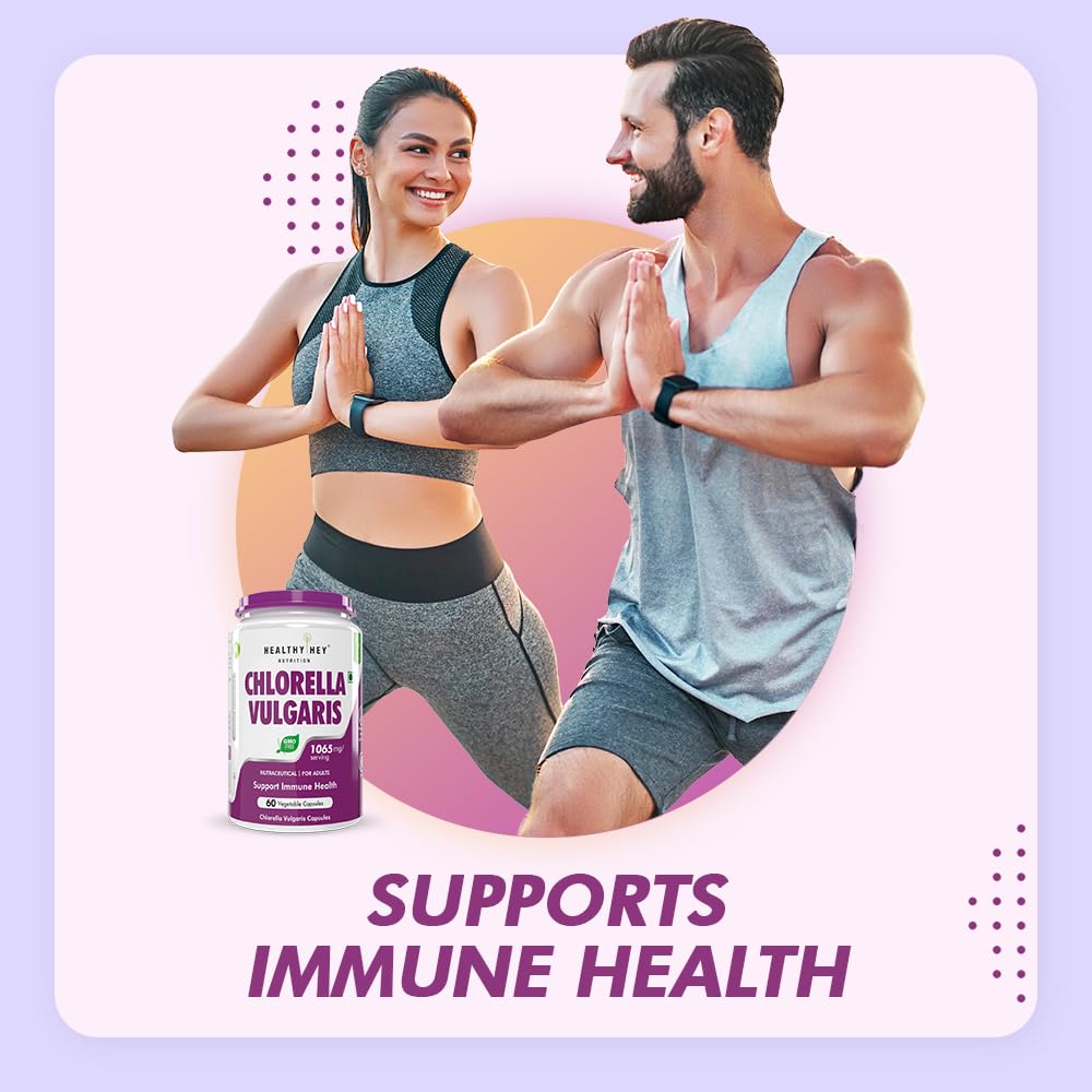 Two people in athletic wear with a Chlorella supplement bottle, set against a light purple background.