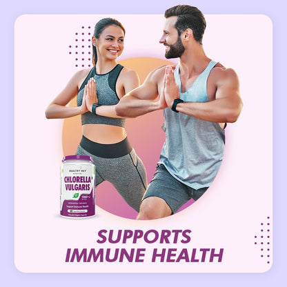 Two people in athletic wear with a Chlorella supplement bottle, set against a light purple background.