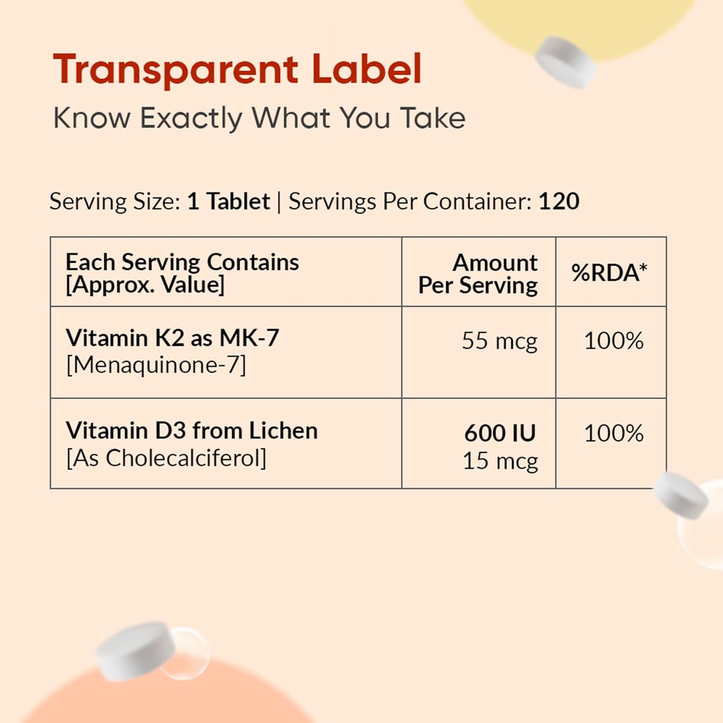 Nutritional label for a supplement with Vitamin K2 and Vitamin D3 on a beige background