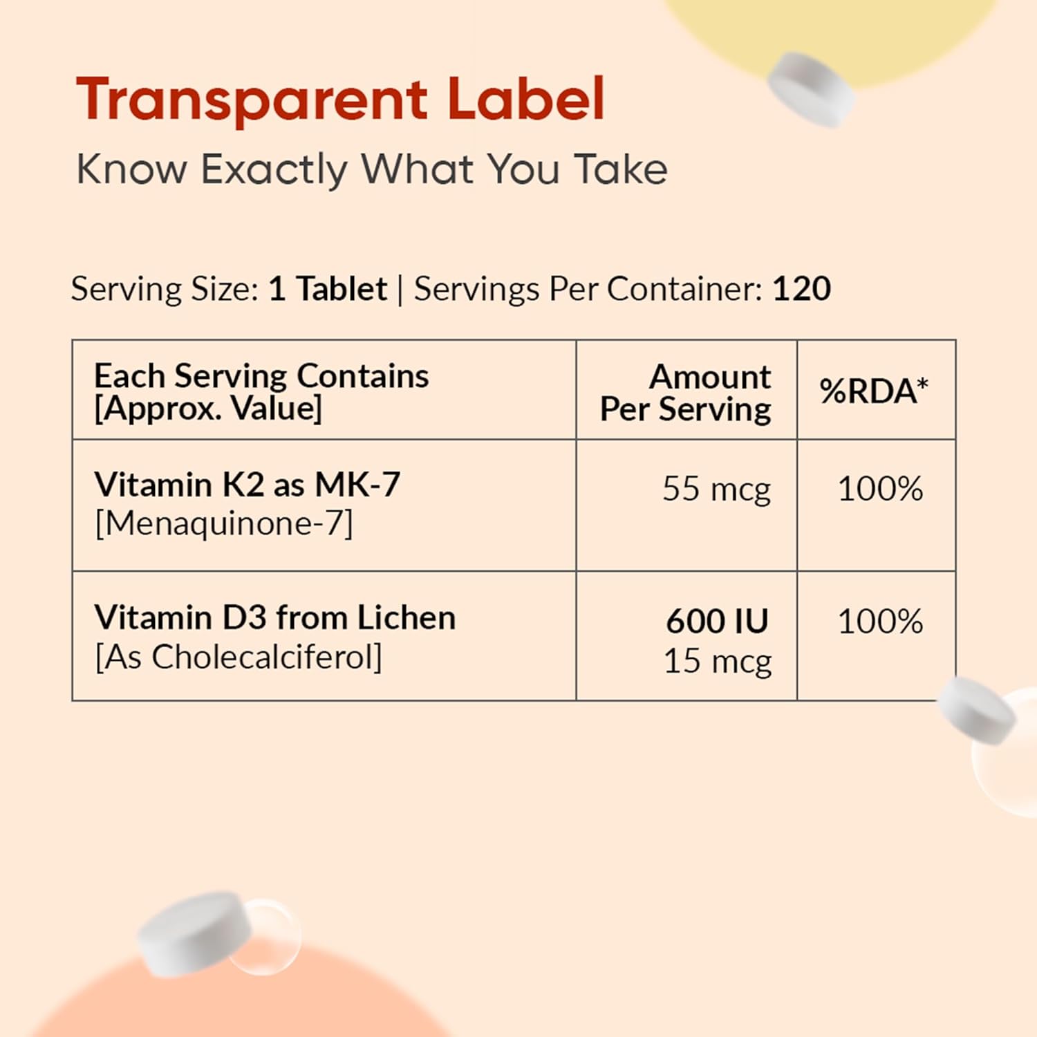 Nutritional label for a supplement with Vitamin K2 and Vitamin D3 on a beige background