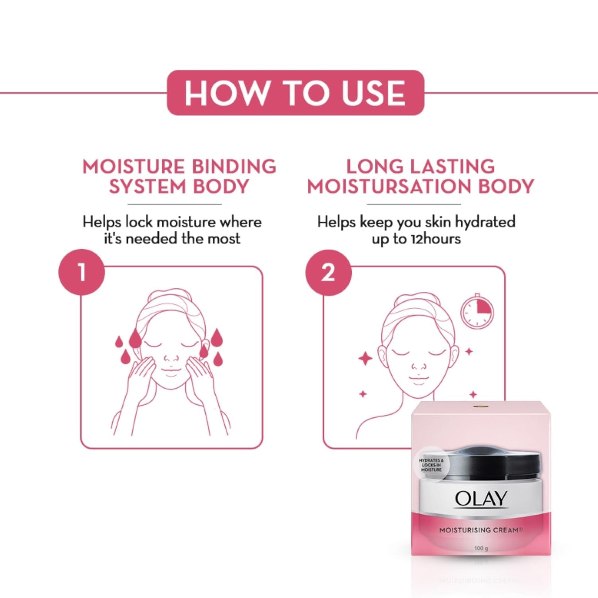 Olay moisturizing cream packaging with usage instructions on a white background