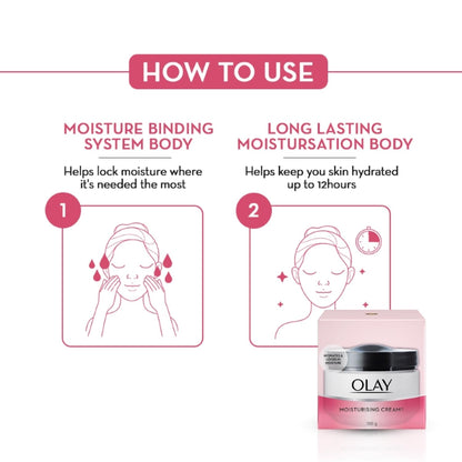 Olay moisturizing cream packaging with usage instructions on a white background