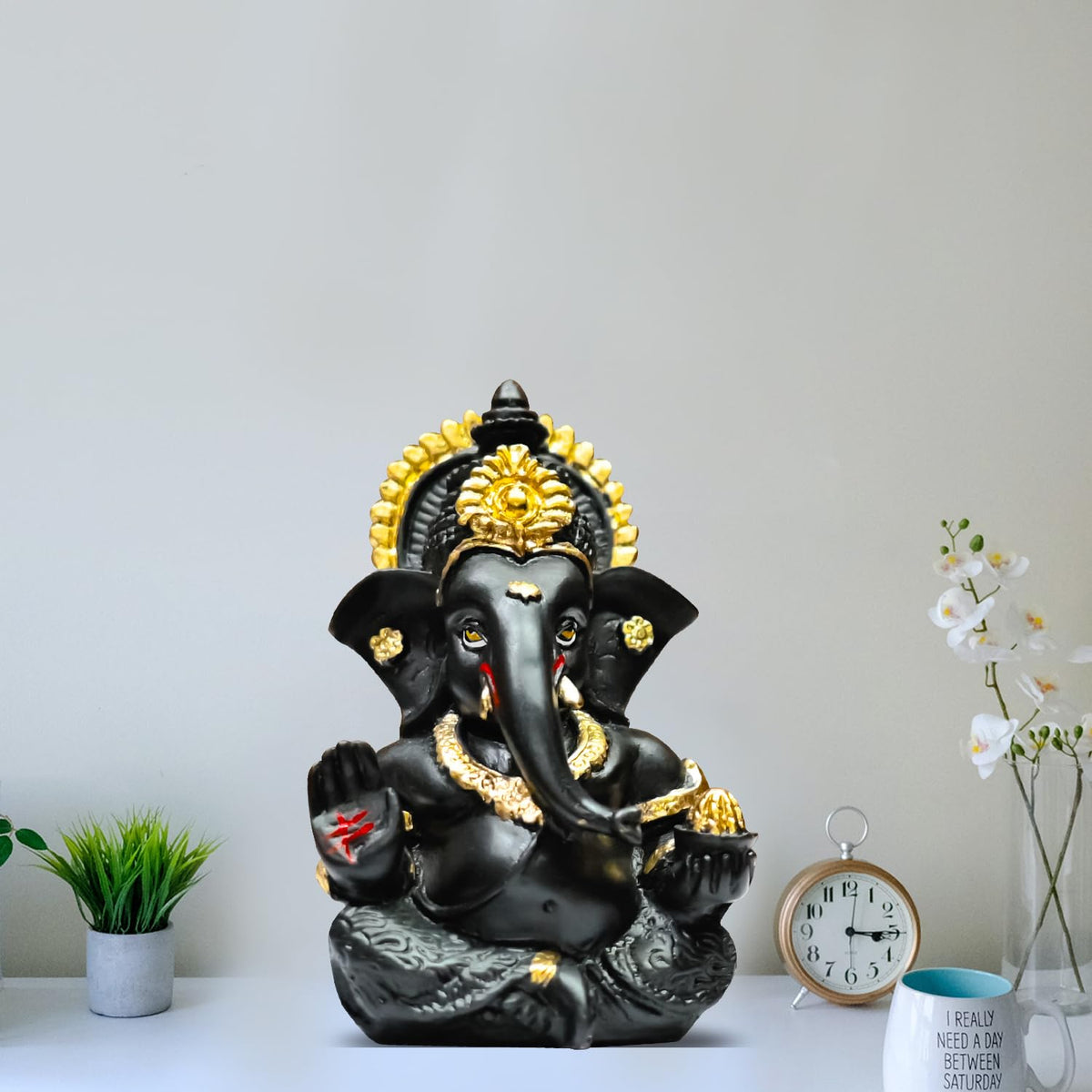 Gold Plated Ganesha Idol Ganesh for Home Decor Puja Statue Ganpati Vinayaka Vinayagar Figurine Diwali Gifts Home Decor Murti Sculpture and Religious (8.89 x 5.08 cm) (Dark Grey)