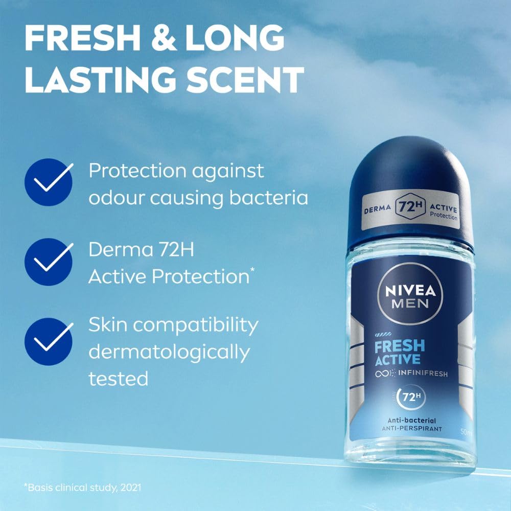 NIVEA MEN Fresh Active 50ml Deo Underarm Roll On | With Fresh Ocean Extracts Scent| 72 H Freshness| 0% Alcohol | Dermatologically Approved & Paraben Free Formula