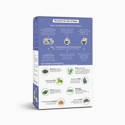 Product packaging with blue and white design, featuring directions for use and botanical ingredients.