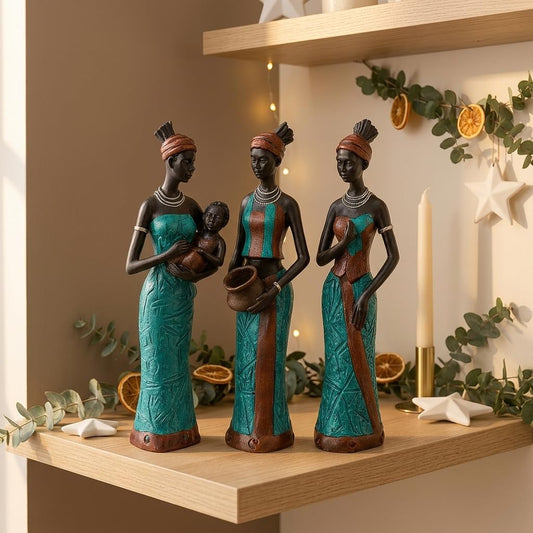 Xtore Beautiful Finish Uniquely Hand Crafted Home Decor African Tribal Women Art Piece - (Set of 3, Green and Black Color)
