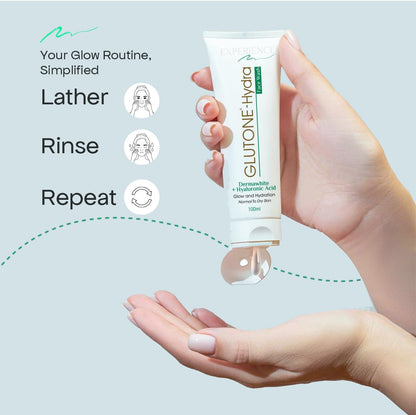 Hand holding a skincare product with step-by-step instructions on a light blue background