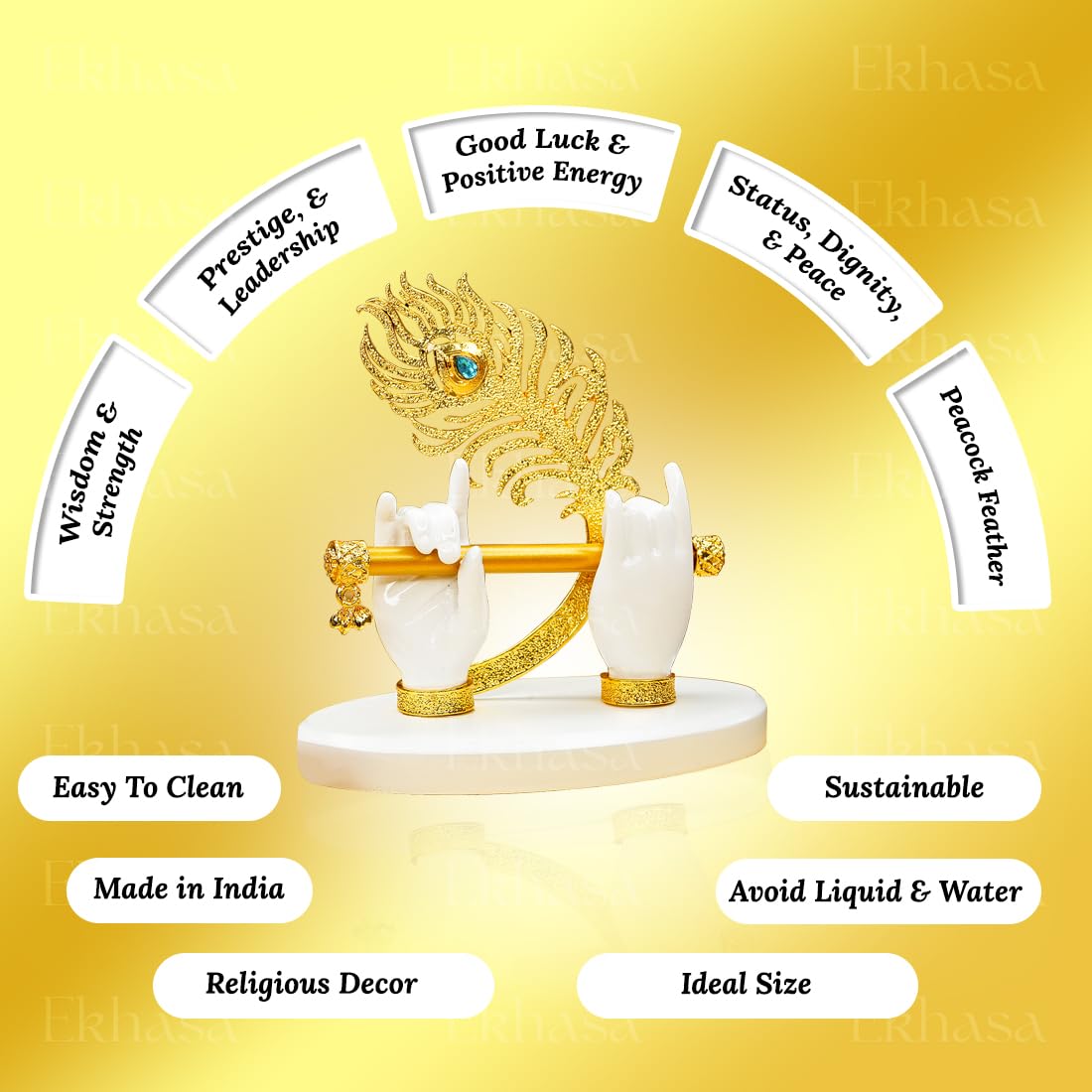 Ekhasa Lord Krishna Hands with Flute Idol (Small Size) | Krishnaji Divine Hands Idol with Flute and Peacock Feather | Krishna Statue for Car Dashboard & Griha Pravesh Gift