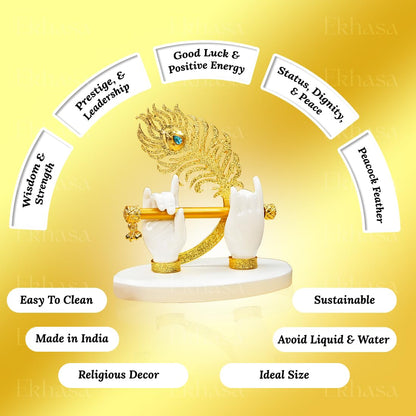Ekhasa Lord Krishna Hands with Flute Idol (Small Size) | Krishnaji Divine Hands Idol with Flute and Peacock Feather | Krishna Statue for Car Dashboard & Griha Pravesh Gift