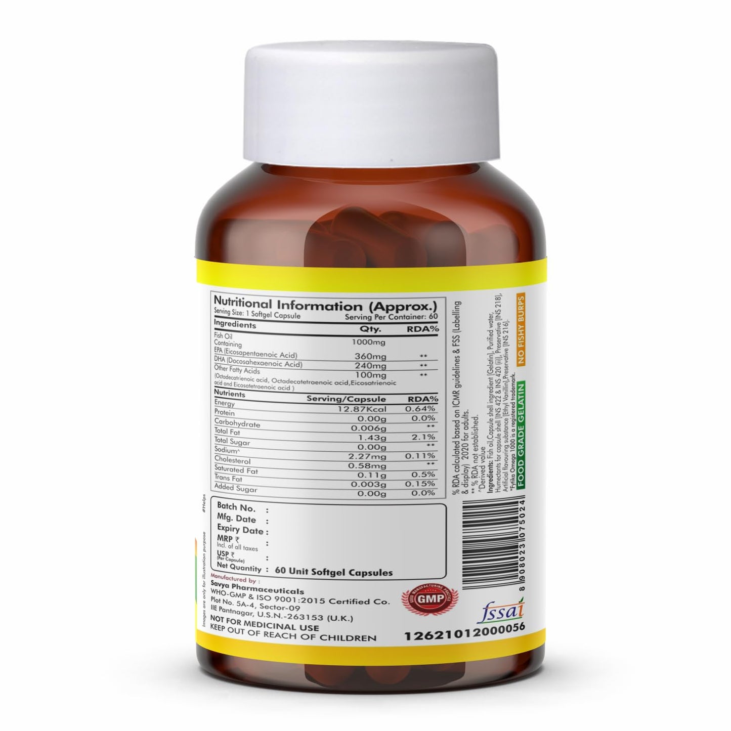 Vitamin supplement bottle with nutritional information label on a white background