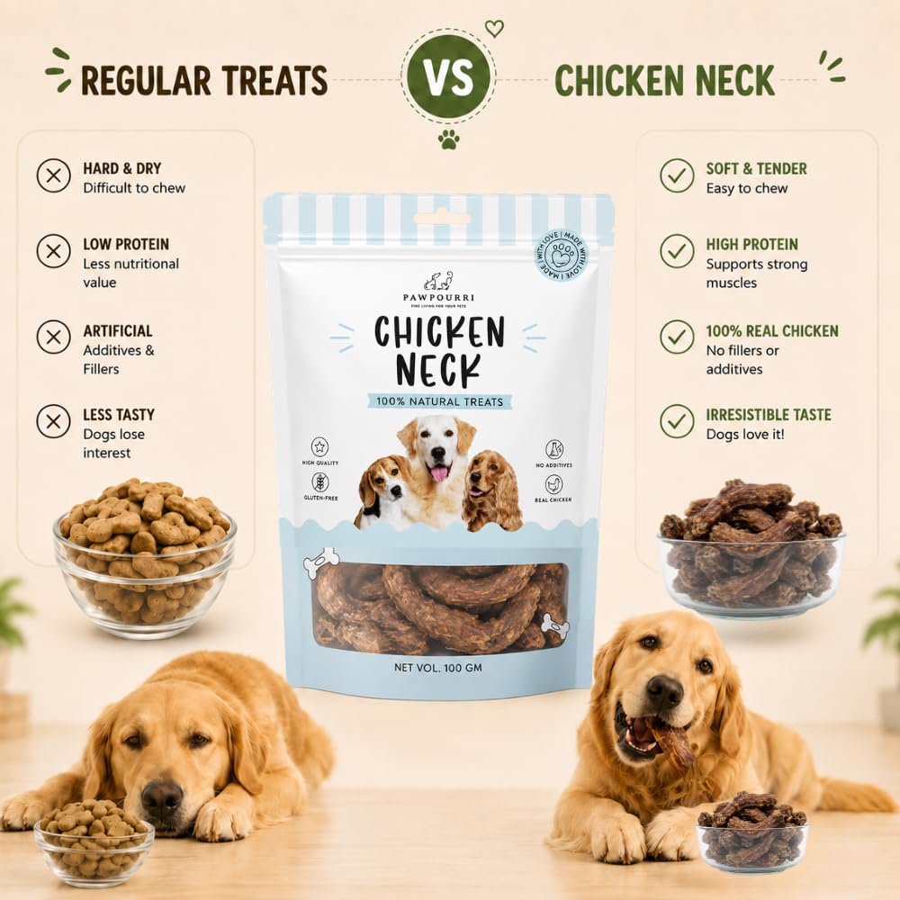 PAWPOURRI Natural Chicken Neck Dog Treats, 100gm (Pack of 1) | Protein Rich Chewy Snacks for Dogs | Suitable for All Life Stages & Breeds | Daily Reward & Training Treats