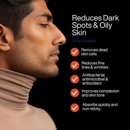 Man's face with text highlighting skin care product benefits on a black background