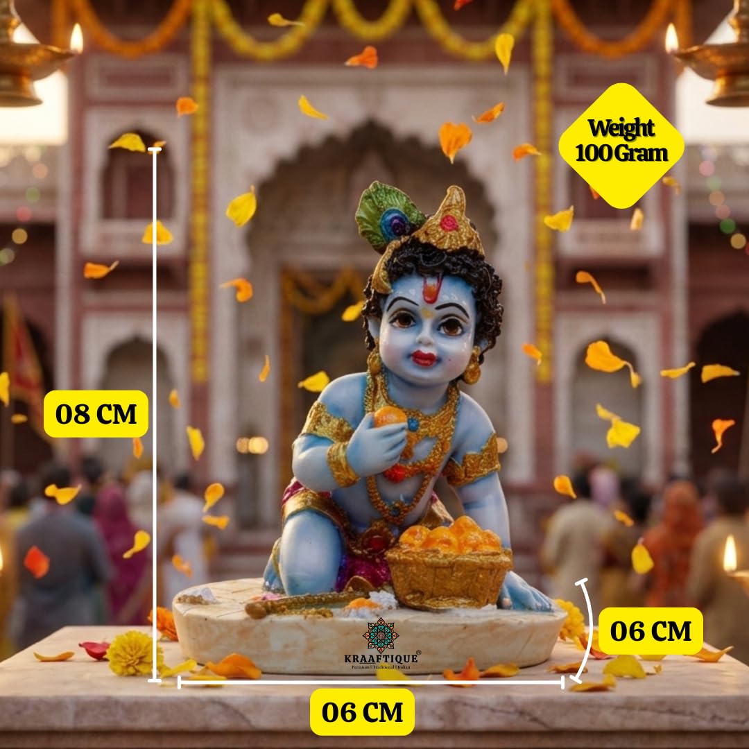 Baby Krishna Idol for Home Temple & Pooja Room | Laddu Gopal Murti, Bal Gopal Makhan Chor Statue, Marble Dust Krishna Showpiece for Mandir Decor, Janmashtami Gift, Car Dashboard Decoration (4 Inch)